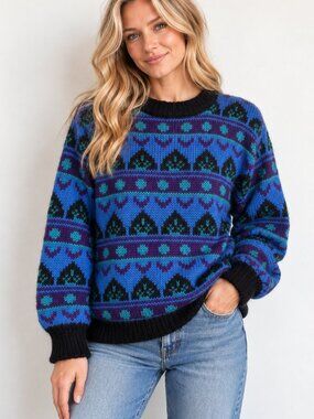 Vintage Gallagher Blue Geometric Print Mohair Blend Pullover Sweater M